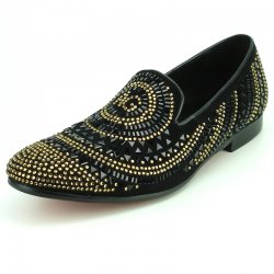 Fiesso Black Genuine Suede Leather With Gold Rhinestones Slip-On Loafer FI7220 .