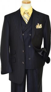 Extrema Navy Blue With Glossy Yellow / Mauve / Black Pinstripes Super 140's Wool Vested Suit HA00146