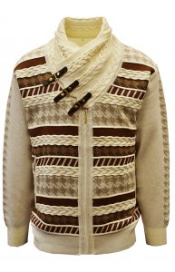 Silversilk Cream / Brown / Cognac Buckled Shawl Collar Zip-Up Sweater 7206