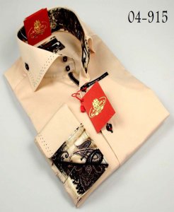 Axxess Beige / Black Handpick Stitching 100% Cotton Dress Shirt 04-915