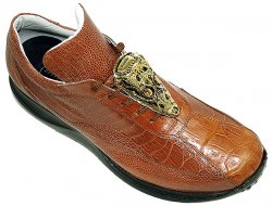 Mauri 8751 Cognac Genuine Alligator/Ostrich Casual Sneakers With Rhine Stone Eyes & Mauri Engraving On Big Gold Alligator Head