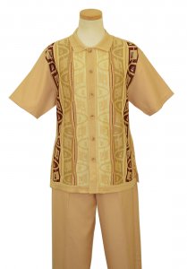 Silversilk Beige / Tan / Wine / Cream Geometric Design Button Up 2 Piece Short Sleeve Knitted Outfit 9302