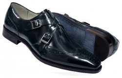 Giovanni "Emilio" Navy Blue Genuine Leather Criss-Cross Double Monk Strap Shoes