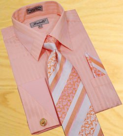 Fratello Peach Shadow Stripes With Peach Trimming Shirt/Tie/Hanky Set With Free Cuff links FRV4104