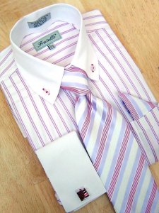 Fratello White/Pink Stripes Shirt/Tie/Hanky Set DS3720P2