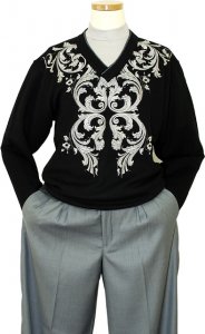 Prestige Black With Silver Grey Embroidered Paisley Design V-Neck Knitted Sweater