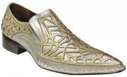 Fiesso Metalic Grey / Gold Genuine Leather Pointed Tip Loafer Shoes With Embroidered Stitching FI6741