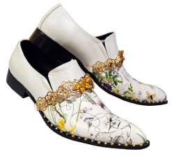 Fiesso White Hand Painted Floral Design Leather Slip On Shoes With Gold Rhinestones Bracelet FI7046