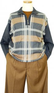 Michael Irvin Ocean Blue / Tan / Silver Grey Plaid Zip-Up Mark Net Knitted Sweater