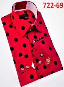 Axxess Red / Black Polka dot Design Cotton Modern Fit Dress Shirt With Button Cuff 722-69.