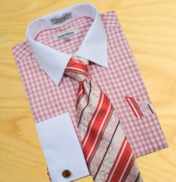 Daniel Ellissa Brick Red / White Windowpanes Shirt / Tie / Hanky Set With Free Cuff links DS3762P2