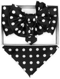 Vittorio Vico Black / White Polka Dot Double Layered Silk Bow Tie / Hanky Set XL171