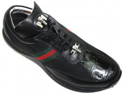 Mauri 8761 Black Genuine Crocodile And Nappa Leather/Mauri Fabric Casual Sneakers With Silver Mauri Crocodile Head