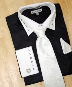 Daniel Ellissa Black /White With Embroidered Design Shirt/Tie/Hanky Set DS3737P2