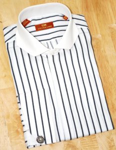 Steven Land White With Black Stripes Hexagon Spread Collar 100% Cotton Shirt