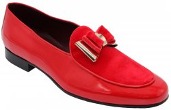 Duca Di Matiste "Scala" Red / Gold Genuine Velvet / Patent Leather Bow Tie Loafers.