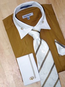 Daniel Ellissa Mustard/White With Embroidered Design Shirt/Tie/Hanky Set DS3736P2