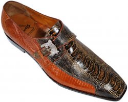 Romano "Lucca" Black / Cognac Genuine Ostrich / Lizard Shoes W/ Monk Strap Alligator Metal Buckle