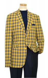 Biarelli Gold / Navy Blue / White Plaid Wool Blend Blazer With Yellow Handpick Stitching BLZ-507