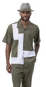 Montique Olive Green / White Horizontal Lined Short Sleeve Outfit 2077.