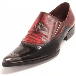 Encore By Fiesso Red / Black Pointed Toe Metal Tip Genuine Leather Loafer Shoes FI6784