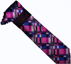 Hi-Density By Steven Land SL152 Pink / Fuchsia / Ocean Blue / Black / White Mixed Box Paisley Design 100% Woven Silk Necktie / Hanky Set
