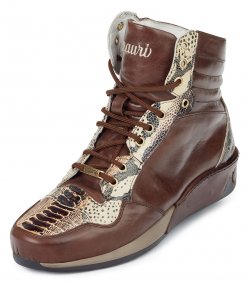 Mauri "Elio" M727 Cognac Genuine Shiny Calf / Brown Ostrich Leg Printed Python Casual Sneakers