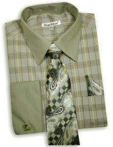 Daniel Ellissa Sage Green / Olive / Ivory Dress Shirt / Tie / Hanky / Cufflink Set DS3799P2