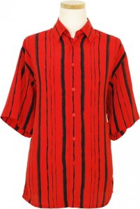 Bassiri Red With Black Stripes Micro Fiber Short Sleeves Shirt #3712