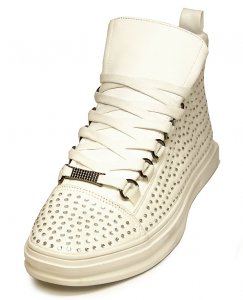 Encore By Fiesso White Genuine PU Leather / Rhinestone Studded High Top Sneakers FI2257