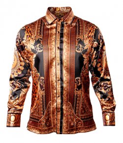 Prestige Black / Rust / Gold Satin Medusa Design Long Sleeve Shirt PR-313