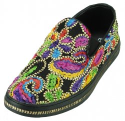 Fiesso Black Genuine Leather Multi Color Print Loafer Shoes FI2278.