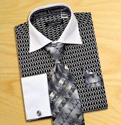 Avanti Uomo Black / White Pointed Two Tone Design Shirt / Tie / Hanky Set With Free Cufflinks DN61M