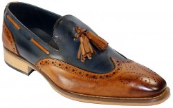 Duca Di Matiste "Modena" Cognac / Navy Genuine Calfskin Tassels Medallion Toe Loafer Shoes.