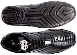 Top and bottom view of Belvedere "Bene" Black Genuine Ostrich And Calfskin Leather Casual Sneakers.