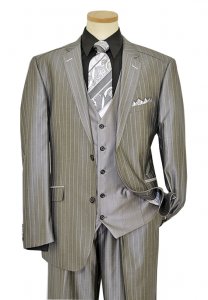 Tayion Collection Medium Grey With White Pinstripes Design With Charcoal Grey Hand-Pick Stitching Suit 010