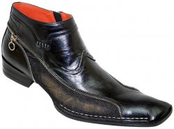 Robert Wayne "Republic" Black Zipper Leather Boots With Denim Trimming On The Sides