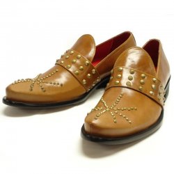 Fiesso Genuine Tan Leather With Metal Studs Loafer Shoes FI8617