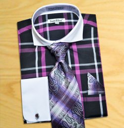 Daniel Ellissa Black / Purple / White Windowpanes Shirt / Tie / Hanky Set With Free Cufflinks DS3771P2