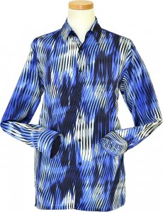 Bassiri Navy / Sky Blue / White / Black Wavy Design Microfiber Long Sleeves Shirt #4927