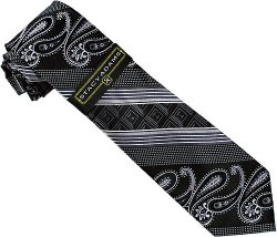 Stacy Adams Collection SA013 Black / Grey / White Diagonal Paisley Design 100% Woven Silk Necktie/Hanky Set