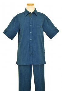 Giorgio Inserti Jean Blue Hand Woven Design Button Up 2 Piece Short Sleeve Outfit With Sleeve Epaulets 728