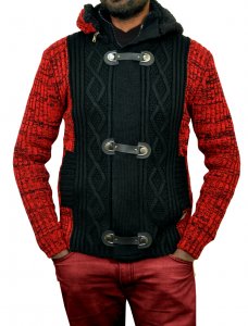 Barabas Red / Black Modern Fit Zip-Up Cardigan Sweater W/ Removable Hood WZ250