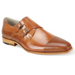 Giovanni "Gyles" Cognac Burnished Calfskin Perforated Cap Toe Double Monk Strap Shoes.