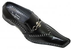 Antonio Zengara Black Diagonal Toe Leather Shoes with White Stitching And Metal Bracelets With Rhine Stones - A400821