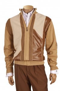 Inserch Camel / Taupe / White PU Leather / Knitted Zip-Up Sweater With Camel PU Leather Elbow Patch 437