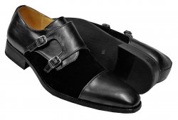 UV Signature Black PU Leather / Microsuede Double Monk Strap Cap Toe Shoes UV814