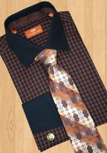 Steven Land Chocolate Brown/Black Houndstooth 100% Cotton Dress Shirt DS554