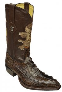 Upscale Menswear Custom Collection Brown All Over Genuine Hornback Crocodile Tail Cowboy Boots with Embroidered Crocodile Shaft 198C0107