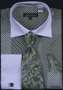 Avanti Uomo Olive Printed Two Tone Design 100% Cotton Shirt / Tie / Hanky Set With Free Cufflinks DN57M